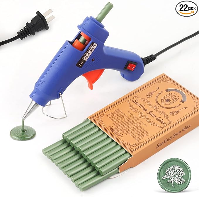 Wax Seal Kits, Wasole 20Pcs Pine Green Sealing Wax Sticks with 1 Pieces Glue Gun Set for Wax Seal Stamp, Great for Wedding Invitations, Birthday Cards, Envelopes, Gift Wrapping (Pine Green)