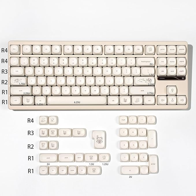 MOA Profile Cute Bear Keycaps, 124keys PBT Keycaps Set, Minimalist White Keyboard Key Caps, Custom Dye Sublimation Keycap for 61/64/68/84/87/100/104/108 Cherry MX Mechanical Keyboards(124 Keys)