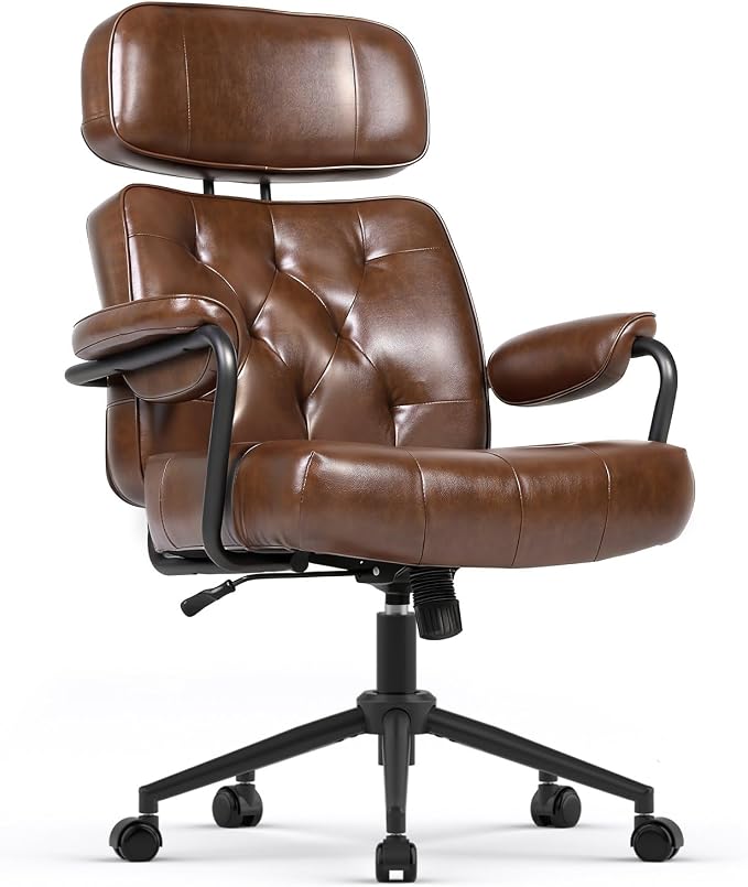 Mid Century Modern Home Office Desk Chair, Ergonomic Office Chair Big and Tall, High Back Executive Office Chair Leather Extra Wide, Computer Chair Comfy, Adjustable Height Rolling Chair, Caramel 4PC