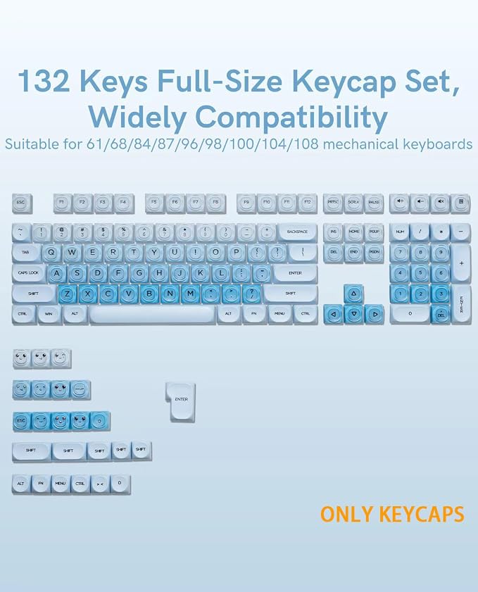 132 Keys PBT Keycaps, Jelly Keycaps Cute Creamy Key caps MOA Profile, MX-Compatible for 61/68/84/87/98/100/104-Key Mechanical Keyboard(Not Included), Blue
