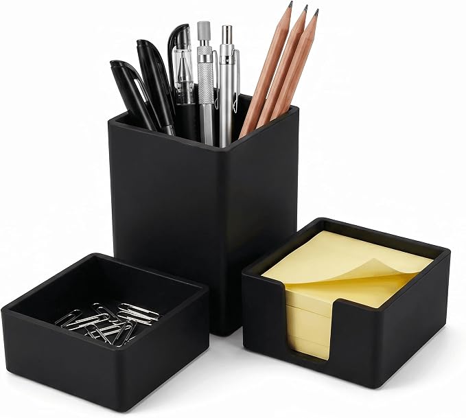Silicone Pen Holder 3-Piece Set, Black | Food-grade silicone. 3-piece set: pen cup, clip box, note holder. Black or white. Scratch-free, non-slip, easy clean.