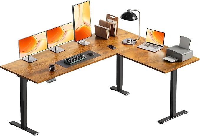OffiGo 63 Inch Reversible L Shaped Electric Standing Desk, Height Adjustable Corner Stand up Desk, Ergonomic Large Lift Computer Table for Home, Office, Workstation, Rustic Brown