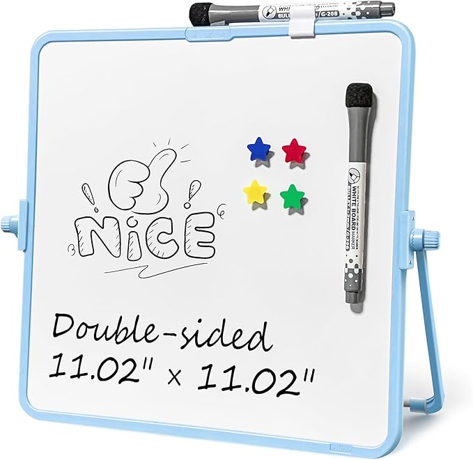 Colorful Dry Erase White Board 11x11in, Magnetic Desktop Board with Stand, 2 Markers (Eraser Head), 4 Magnets - Double-Sided Easel for Daily Planning, Office/Home/School (Blue)