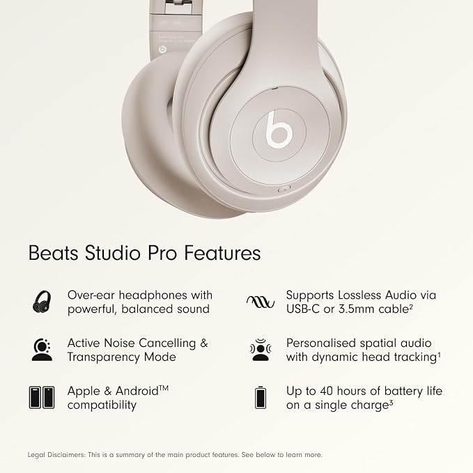 Beats Studio Pro Premium Wireless Over-Ear Headphones- Up to 40-Hour Battery Life, Active Noise Cancelling, Great for Travel & Commuting, USB-C Lossless Audio, Apple & Android Compatible - Sandstone
