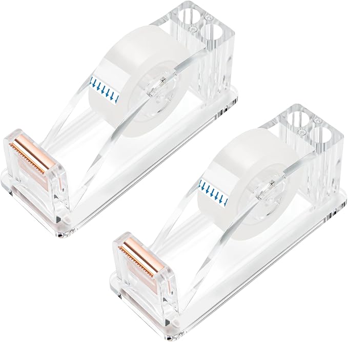 2 Pcs Transparent Acrylic Tape Dispenser, Non-Skid | Clear Tape Cutter Holder, for Desk Organization, Office Supplies, School Supplies, Home, Craft, Gift Wrapping