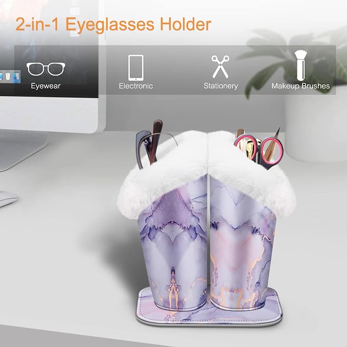 FINTIE Plush Lined Double Eyeglasses Holder with Magnetic Base for Desk | Soft Plush Lining, Glasses Stand Case For Nightstand / Bedside, Office Desktop Organizer, Small Item Storage