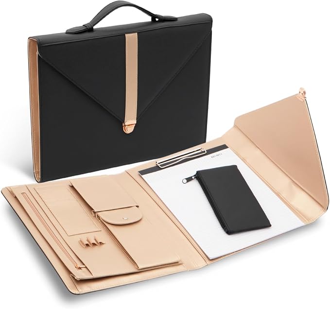 Padfolio for Women, High-Quality Thick PU Leather Waterproof, Portfolio Binder, w/a Varierity of Organizers, Sleek Portfolio, Includes A Notepad and A Pencil Case, Leather Portfolio, Black