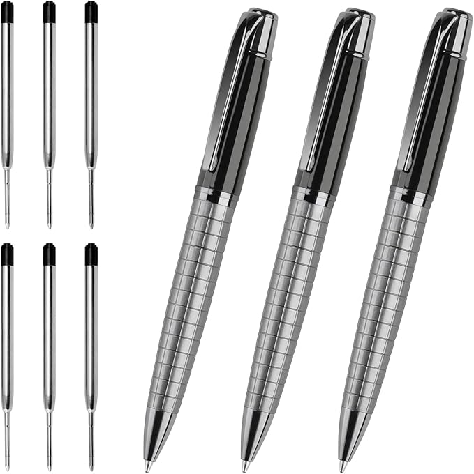 Cambond Ballpoint Pens Black Ink - Weighted Metal Twist Silver Pens for Police Uniform Flight Attendant Business, 1.0 mm Medium Point Smooth Writing, 3 Pens with 6 Refills (Sliver with Black)