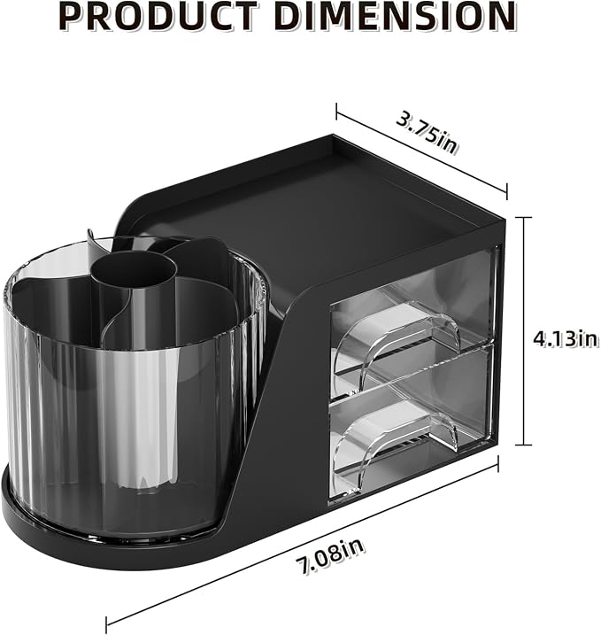 Marbrasse Desk Organizer with 2 Drawer, 360°Rotating Pen Holder, Desk Organizers and Accessories with 6 Slots Pencil Holder + 2 Drawer, Art Supply Storage Box Caddy for Office (Black)