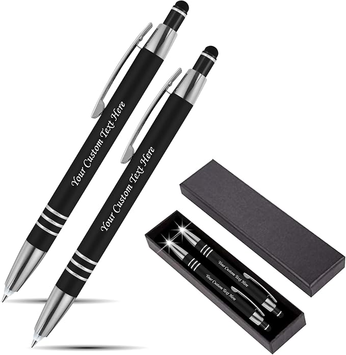 Personalized Pen Gift Set, 2 Rubberized Metal Luxury Ballpoint Pens +Night Writer LED Flashlight +Stylus +Gift Box, Custom Engraved Name,logo,or text Black/Black