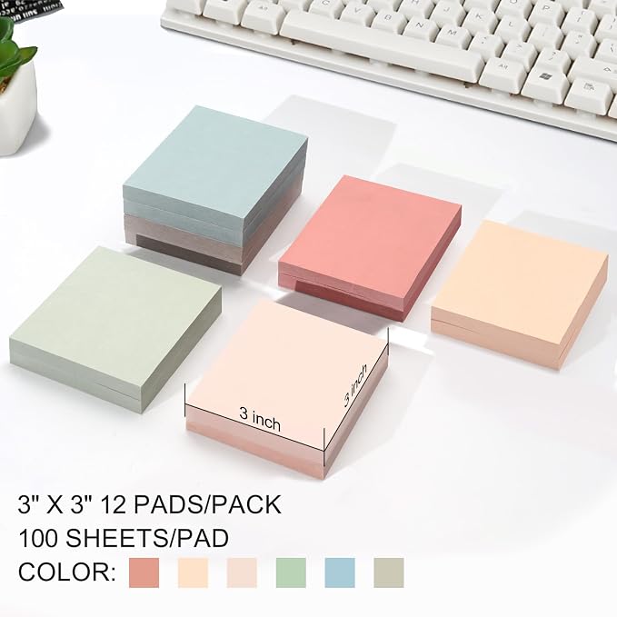 QILIMA Pastel Square Sticky Notes, 3" x 3", 12 Pads (100 Sheets/Pad) | Residue-Free Self-Adhesive Memo, Soft Pastel Colors, Smooth Writing for School, Office & Daily Planning Reminders