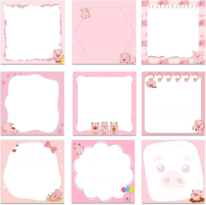 Pig Gifts Sticky Notes - 9 PCS Pink Piggy Self Stick Notes, Pig Gifts for Women Cute Notepads Office School Supplies for Students Teachers Piggy Lover 3x3 Inches