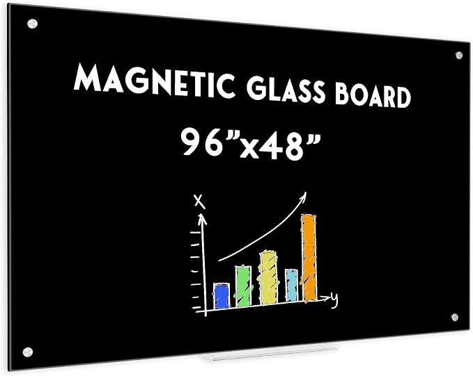 Magnetic Black Glass Dry Erase Board, 8' x 4', Frameless Wall Mount | 96" x 48" Large Glass Whiteboard for Wall, Includes 1 Marker Tray and 10 Magnets, White Board for Office, Home, Classroom