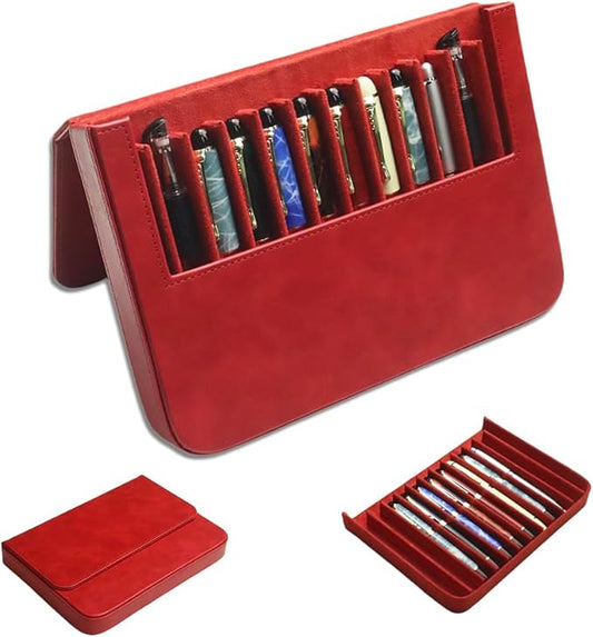 Leather 12 Fountain Pen/Pencil Tray Case Organizer, Fashion Design, Handmade, Magnetic Closure with Drawer, Christmas Gift for Man/Woman/Office, 12 Slots(red)