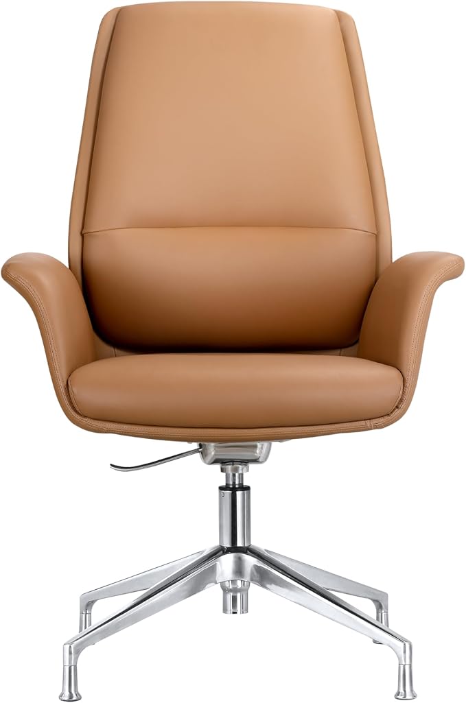 LeisureMod Mid-Century Modern Swivel Office Chair, Adjustable Height with Faux Leather Seat and Aluminum Frame (Acorn Brown, Set of 4)