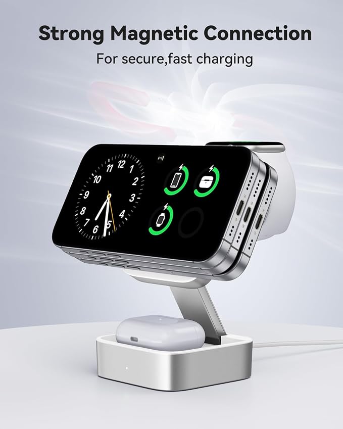 3 in 1 Wireless Charging Station for Apple Devices, Magnetic Foldable Travel Fast Charger Stand Compatible with MagSafe for iPhone Air/17/16/15/14/13/12 Series, Apple Watch & AirPods Pro/4/3/2-White