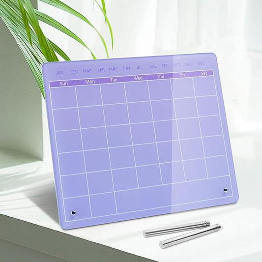 Calendar Dry Erase Board,12"X10",Acrylic Desk Calendar with Stand,Purple Dry Erase Board for Home Office School-YL-Pu-2530