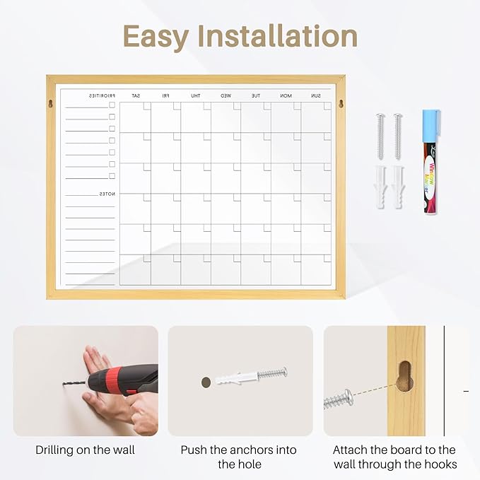 Large Acrylic Calendar for Wall, 24" X 18" Wood Grains Frame Clear Acrylic Wall Calendar, Clear Wet & Dry Erase Board Hanging Monthly Planner for Office, Home or School