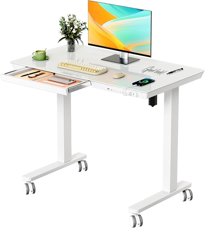 Glass Electric Standing Desk with Drawer, 35" x 20" Whole Piece Small Sit Stand Table, Height Adjustable Desk with Storage & USB Ports, Quick Install Home Office Computer Desk, White
