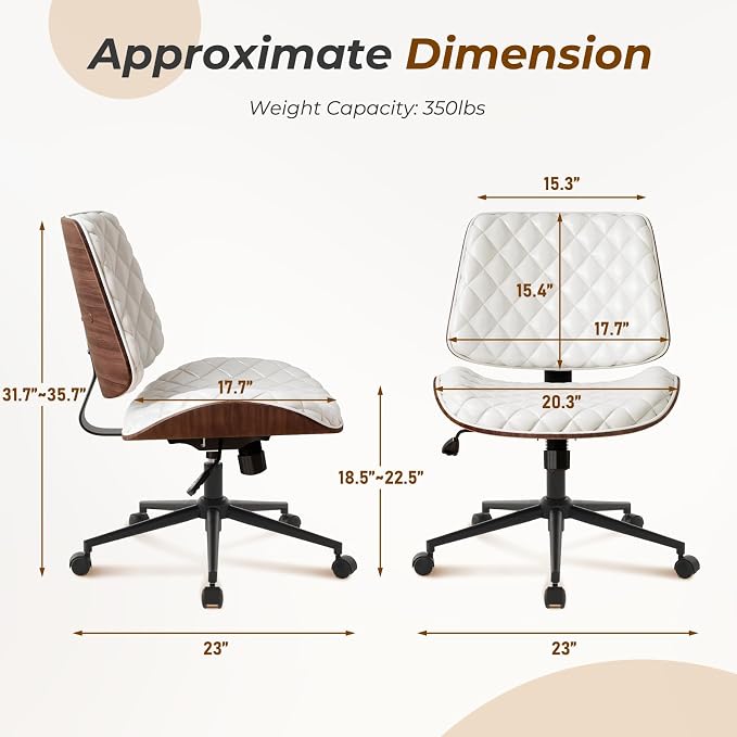 Furnimart Wooden Armless Desk Chair with Wheels, 360° Swivel Faux Leather Vanity Chair for Bedroom, Small Office Computer Task Chair for Home & Compact Spaces (PU White)