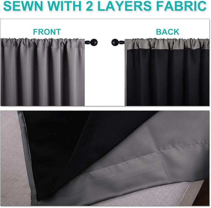 NICETOWN 100% Blackout Window Curtain Panels, Rod Pocket Full Light Blocking Drapes with Black Liner for Nursery, 72 inches Drop Thermal Insulated Draperies (Grey, 2 Pieces, 37 inches Wide Per Panel)