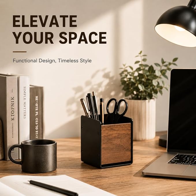 Walnut Desk Organizer, Minimalist Pencil Holder for Office Desk | Walnut Wood Design Minimalist Desk Organizer Multi-Purpose Storage Office & Home Use Modern Desk Decor