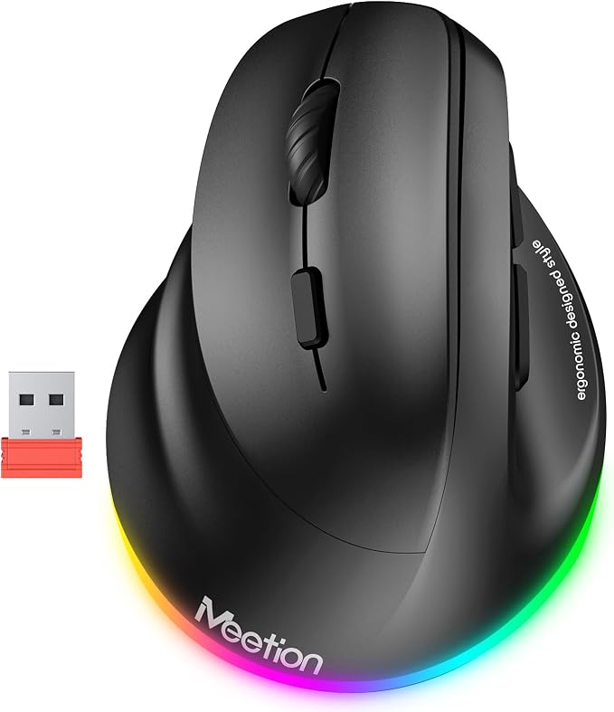 MEETION Left-Handed Ergonomic Mouse, Wireless Vertical RGB Rechargeable Mouse, Bluetooth(5.2 + 3.0) & USB, 4 Adjustable DPI Mice for Mac/Windows/PC/Tablet/iPad Black