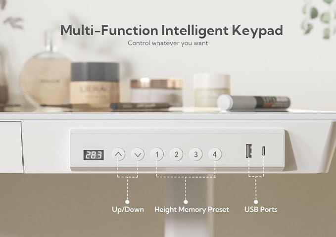 Claiks Glass Standing Desk with Drawers & USB Ports 55x24 Inch, White | 3 Steps Quick Install, 2 Zones Drawer, USB Ports, Ultra White One-Piece Glass Top, Writable Top