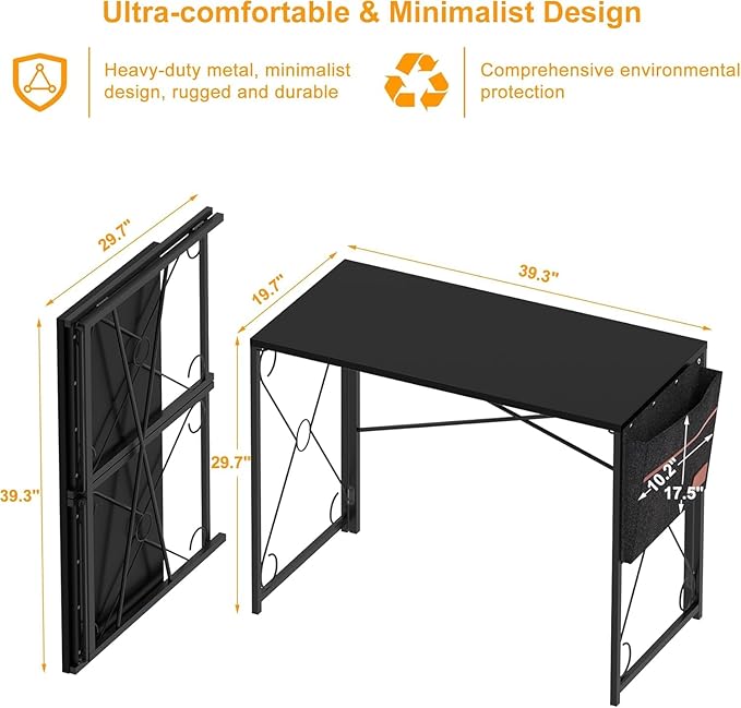 VECELO 39 Inch Folding Desk Simple Assembly, Writing Computer Desk for Home Office Study Office Foldable Table for Small Spaces,Classic Black