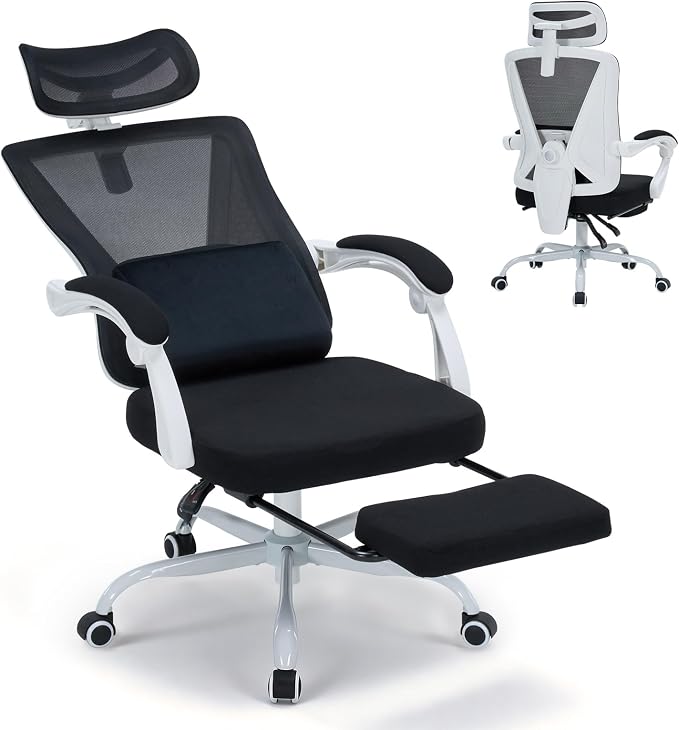 Ergonomic Home Office Chair with Footrest - Adjustable Lumbar Support & 3D Headrest, 90-160° Reclining Mesh High-Back Rolling Work Swivel Computer Chair-400lbs Capacity (White & Black)