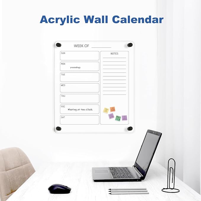 Acrylic Calendar for Wall Whiteboard, 14" x 12" Weekly Clear Dry Erase Board, Small Planning Board White Board for Wall, Home, Office, School, 2 Markers