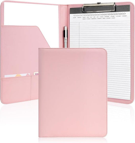 Professional Padfolio with Clipboard, Faux Leather Portfolio Folder Binder, 8.5 x 11 Legal Pad Holder for Letter Size Notepad, Resume, Writing Pad, Ideal Organizer for Business Office Conference, Pink