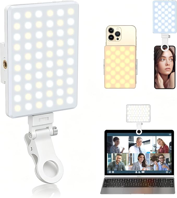 Selfie Light, Phone Light with Front & Back Clip, 60 LED Portable Light with 3 Modes, 5000mAh Rechargeable Video Light for Phone, iPhone, IPad, Laptop, TikTok, Makeup, Lighting Monolights(White)