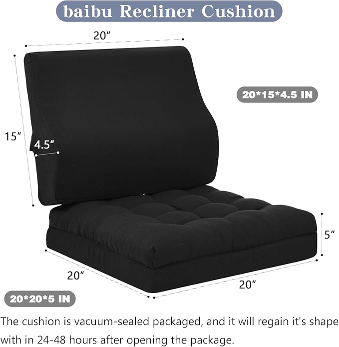 baibu Extra Large Memory Foam Recliner Cushions with Lumbar Support Pillow for Elderly, 20x20x5 Inch Thick Dual-Layer Patent Design Non-Slip Recliner Seat Cushion for Reduce Hip & Lumbar Pain, Black