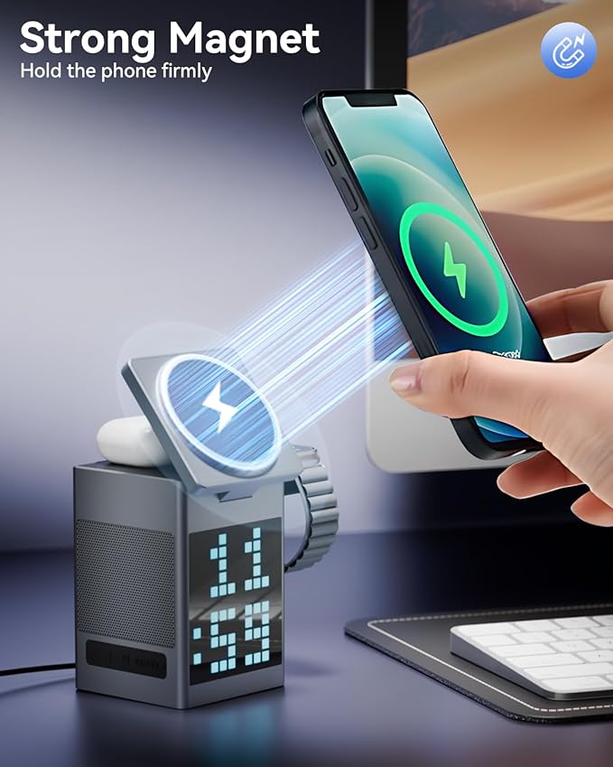 Vivilumens 3-in-1 Wireless Charging Station with Bluetooth Speaker, Digital Alarm Clock, Pixel Display for MagSafe iPhone 17/16/15, Apple Watch, AirPods, Fast Charging, Compact Desk Organizer