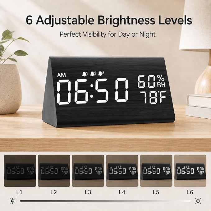 JALL Wooden Digital Alarm Clock for Bedrooms and Office, 3 Alarms with Big Digits, Humidity and Temperature Display, 6-Level Dimmer, Snooze, Loud Desk Clock for Heavy Sleepers, Plug in (Black)