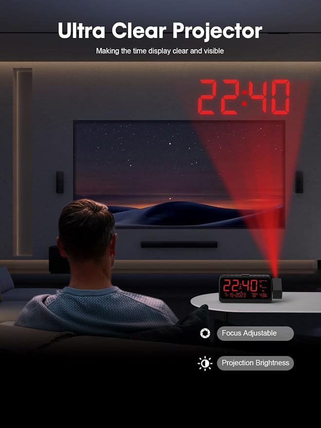 ROCAM Projection Alarm Clock with 180° Ceiling Projector & Digital Display | 5-Level Dimmer, Dual Alarms, Night Light, Temp & Humidity Display, Weekday/Weekend Mode, DST, Snooze Function for bedroom