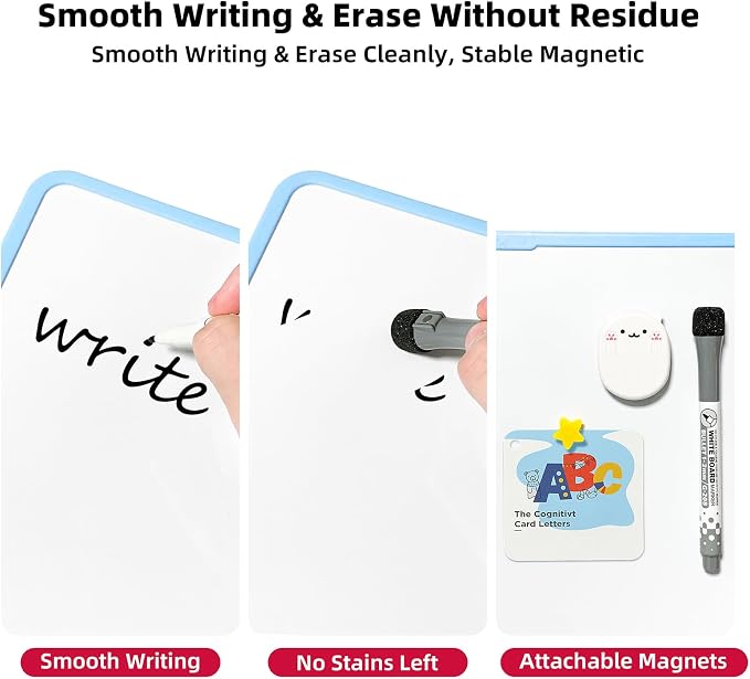 Colorful Dry Erase White Board 9.7x9.7in, Magnetic Desktop Board with Stand, 2 Markers (Eraser Head), 4 Magnets - Double-Sided Easel for Daily Planning, Memo, Office/Home/School (Blue)