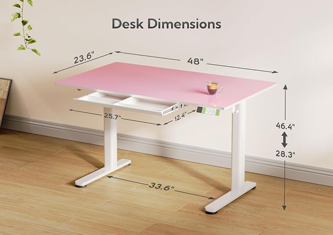 INNOVAR 48×24 Inch Morandi Powder Glass Standing Desk with Drawers | Tempered Glass Top, Ergonomic, Adjustable Height, Stand Up Desk,4 Memory Presets
