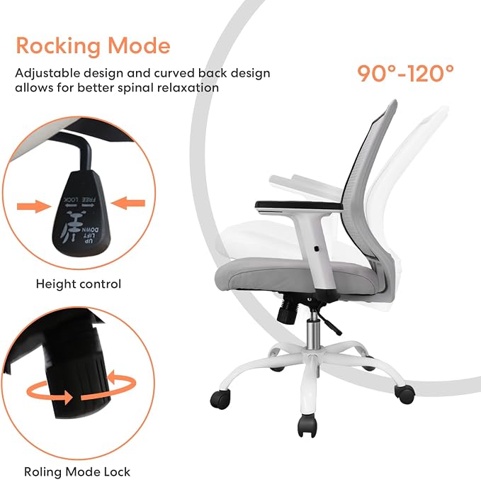 Ergonomic Office Chair Home Mesh Desk Chair with Adjustable Arms - Mid Back Computer Chairs for Adults - Swivel Task Chair Comfortable for Home Office (White &Grey)