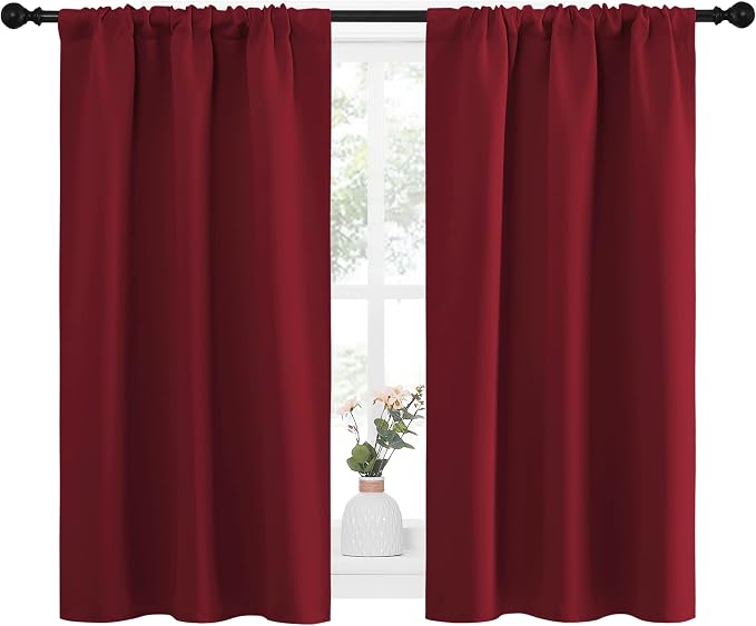 NICETOWN Christmas Burgundy Curtains Blackout Drape Panels - Lights Block Out Window Treatment Short Curtain Sets for Loft and Basement Decoration (Set of 2, 34 by 45-Inch)