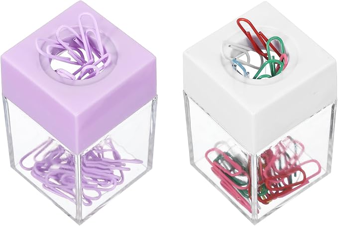 PATIKIL Magnetic Paper Clip Holder Dispenser, 2Pcs Large Capacity Paper Clip Organizers with Magnetic Top for Desk Supplies, Office, Classroom, Home, Purple/White(36Pcs, Multicolor Clip)
