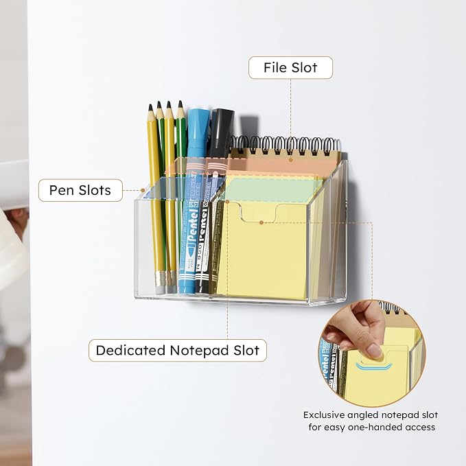AITEE Magnetic Pen Holder for Refrigerator, Whiteboard & Locker (Small) | acrylic, 3-magnet organizer, non-slip pads, holds markers, pens, scissors, notes, accessory for office, classroom, kitchen