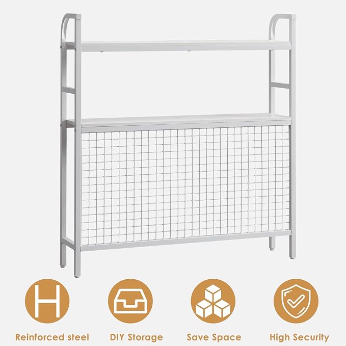 Desk Shelf, 36.8” Desktop Organizer Shelf with Grid Panel and Hooks, Desk Hutch for Computer Monitor, 2 Tier Desk Display Rack Wood Desktop Bookshelf Storage for Home Office Dorm