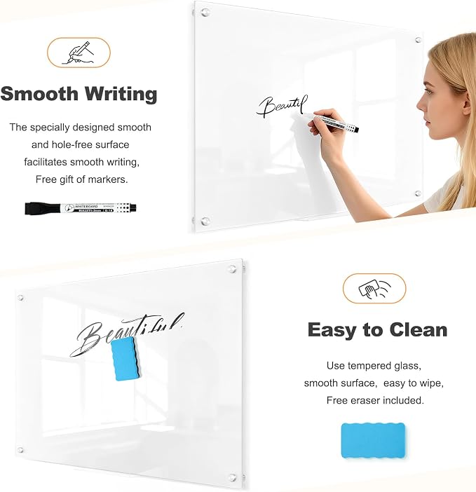 Magnetic Glass Whitebaord for Wall, 36" x 24" Dry Erase Frameless Glass Dry Erease Board for Home School Office, Ultra White