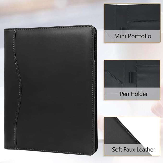Leather Portfolio Binder 5 x 8, Mini Soft Leather Padfolio A5 Business Binder Legal Writing Pad Junior Size Document Organizer for Present Gift Kid Men Women Black