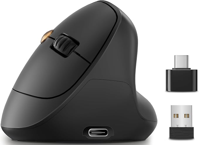 Ergonomic Vertical Wireless Mouse, 57°, Small/Medium Hands, Black | Rechargeable, Quiet Click, 800/1200/1600 DPI, 2.4GHz USB Receiver, Forward/Back Buttons, Computer Mouse for Laptop PC Mac
