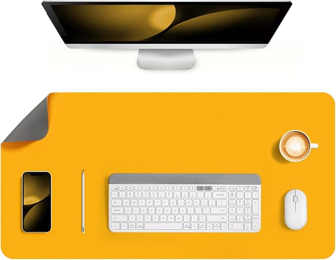 Dual Sided Desk Pad Faux Leather Desk Mat Large Mouse Pad | Desk Pad Protector Non-Slip Waterproof Desk Mouse Pad for Writing Desk, Office, Home(Yellow Gray 31.5"X15.7")