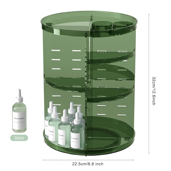 Rotating Makeup Organizer with DIY 8 Adjustable Layers, Clear Green | Spinning Skincare Storage, Cosmetic Display Case with Brush Holder and Perfume Tray