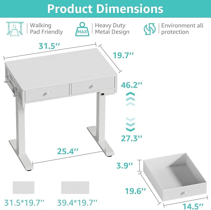 White Electric Standing Desk with Drawers, 32 Inch Small Adjustable Desk with Storage, Stand Up Computer Study Writing Desks for Small Space Home Office Bedroom, Sit Stand Work Desks for Walking Pad